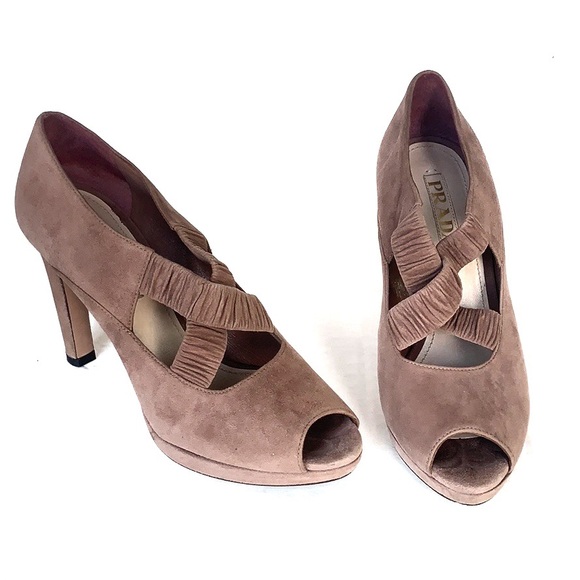PRADA | Suede Crossover Blush Peep-Toe Pumps Sz 37 - Picture 1 of 16